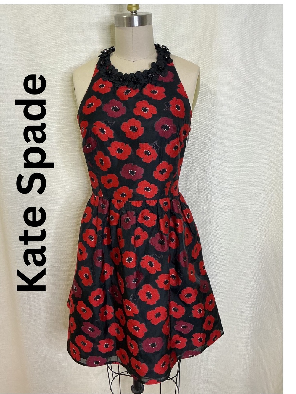 Kate Spade Floral Fit Flare Dress Size 2 Black Red Poppy Sleeveless Chic
